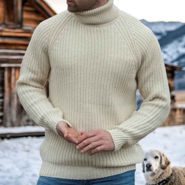 Men's Retro Western Style Knitted Sweater Turtleneck Pullover Off-white - Mobivivi.com 