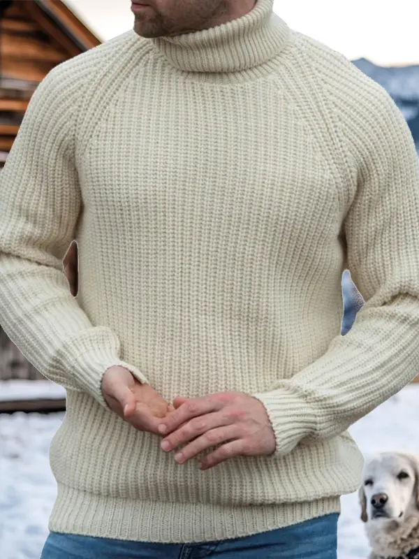 Men's Retro Western Style Knitted Sweater Turtleneck Pullover Off-white - Wantbright.com 