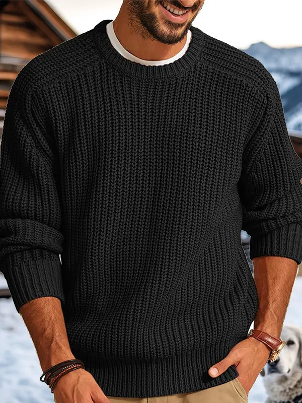 Men's Retro Western Style Knitted Sweater Crew Neck Pullover Black - Menbarn.com 