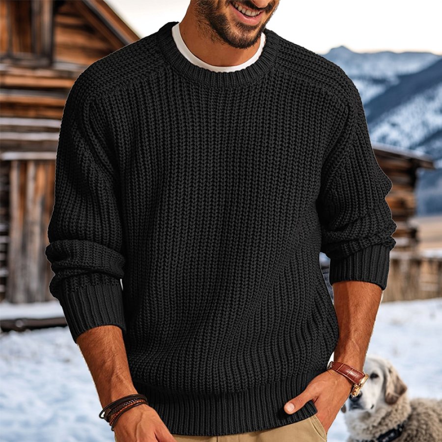 

Men's Retro Western Style Knitted Sweater Crew Neck Pullover Black