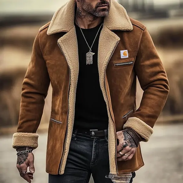 Men's Vintage Suede Shearling Zipper Pocket Fleece Wool Fur Lapel Collar Mid-Length Coat Jacket - Nicheten.com 