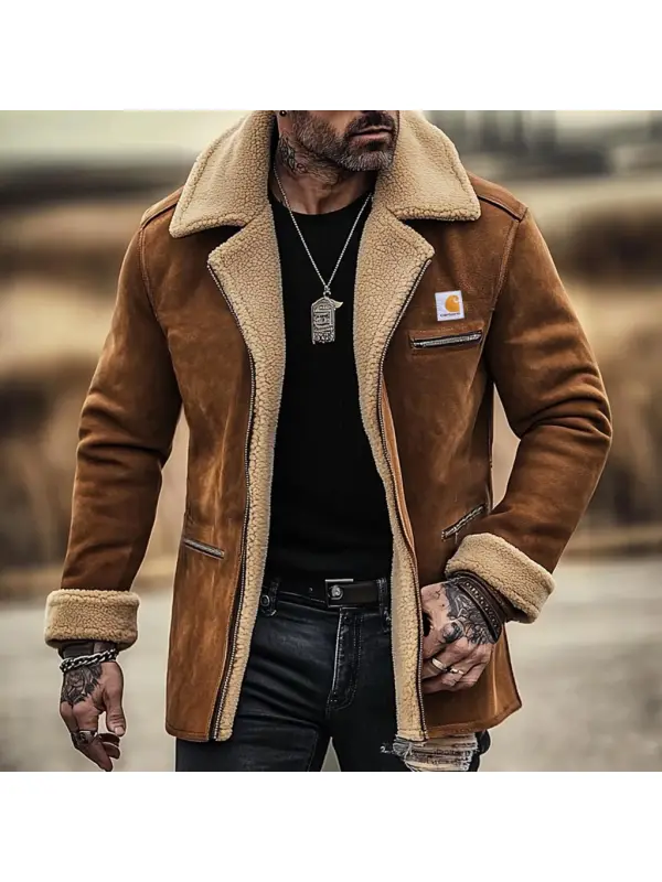 Men's Vintage Suede Shearling Zipper Pocket Fleece Wool Fur Lapel Collar Mid-Length Coat Jacket - Anrider.com 