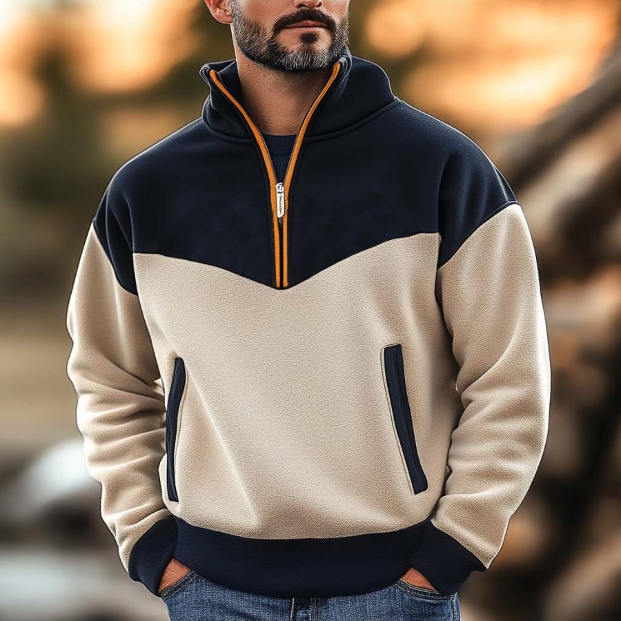 

Men's Vintage Fleece Color Block Stand Collar Quarter Zip Sweatshirt