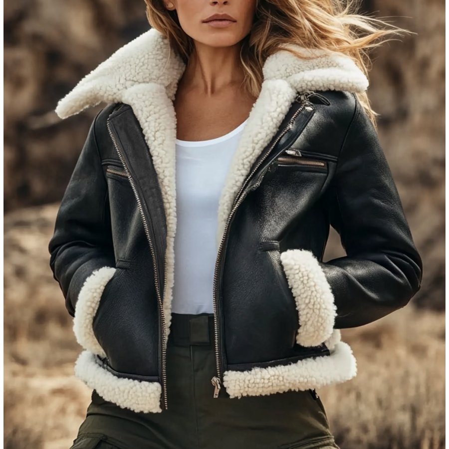 

Women's Vintage Leather Zip Pocket Fleece Lapel Shearling Jacket