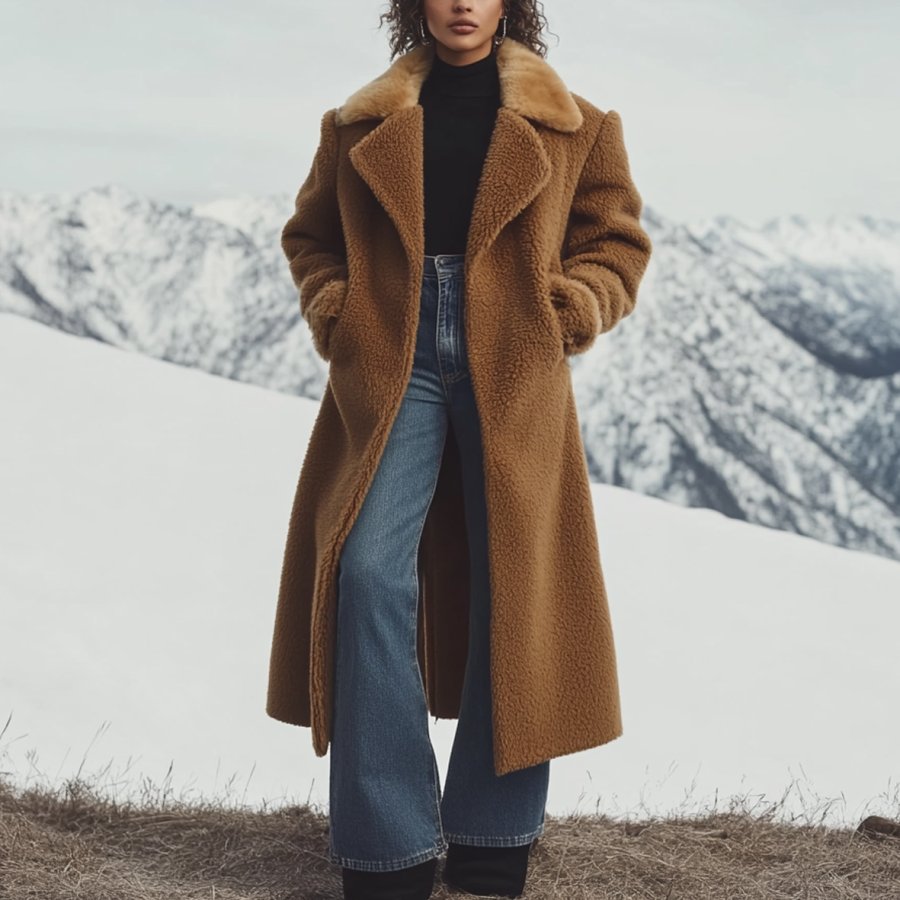 

Women's Vintage Western Style Fur Trim Patchwork Lamb Fleece Jacket Long Afghan Coat