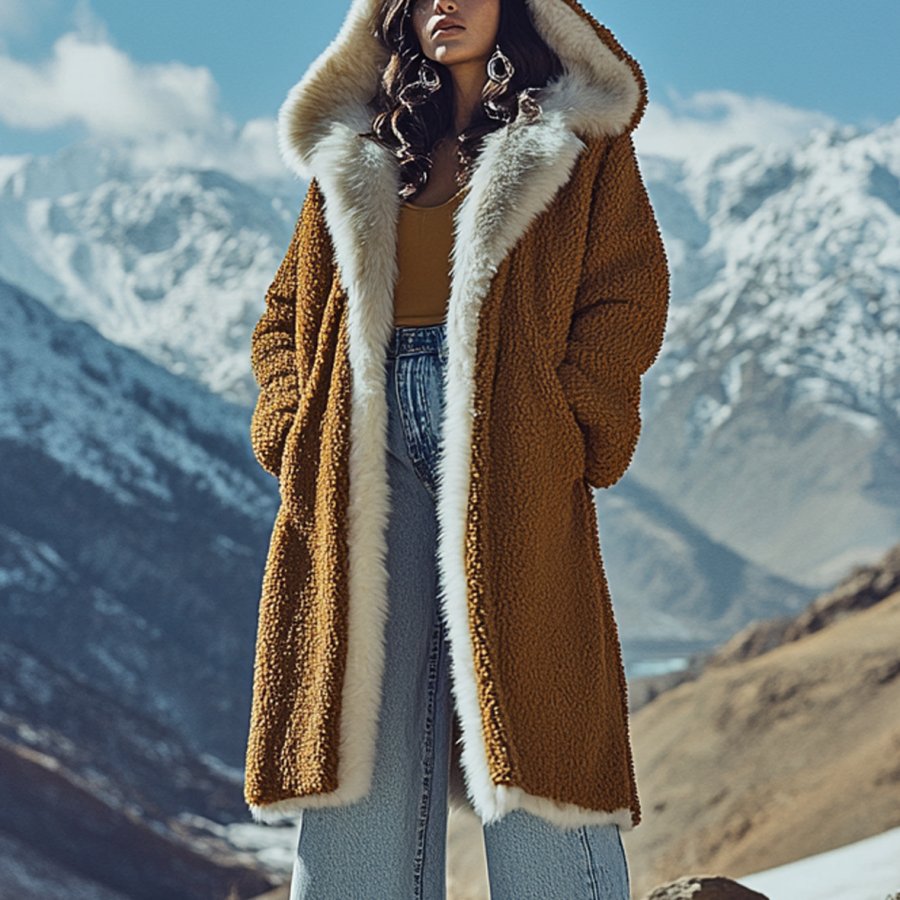 

Women's Vintage Western Style Silver Fox Fur Trim Patchwork Lamb Fleece Jacket Hooded Long Afghan Coat