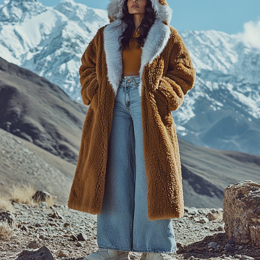 

Women's Vintage Western Style Silver Fox Fur Trim Patchwork Lamb Fleece Jacket Hooded Long Afghan Coat