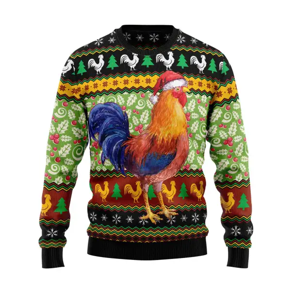 Men's Vintage Chicken Cluck-ry Print Crew Neck Ugly Christmas Sweatshirt - Ootdyouth.com 