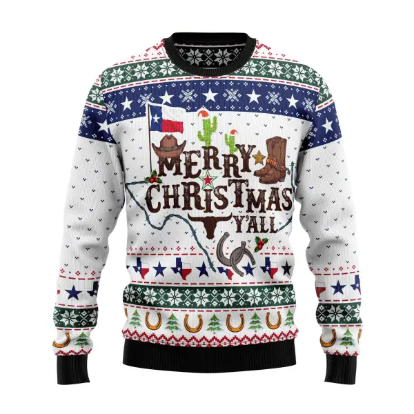 Men's Vintage Merry Christmas Y'all Texas Western Cowboy Print Crew Neck Ugly Christmas Sweatshirt - Wayrates.com 