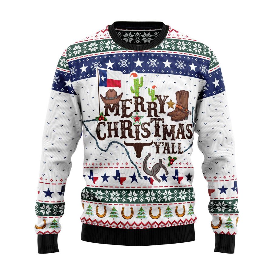 

Men's Vintage Merry Christmas Y'all Texas Western Cowboy Print Crew Neck Ugly Christmas Sweatshirt