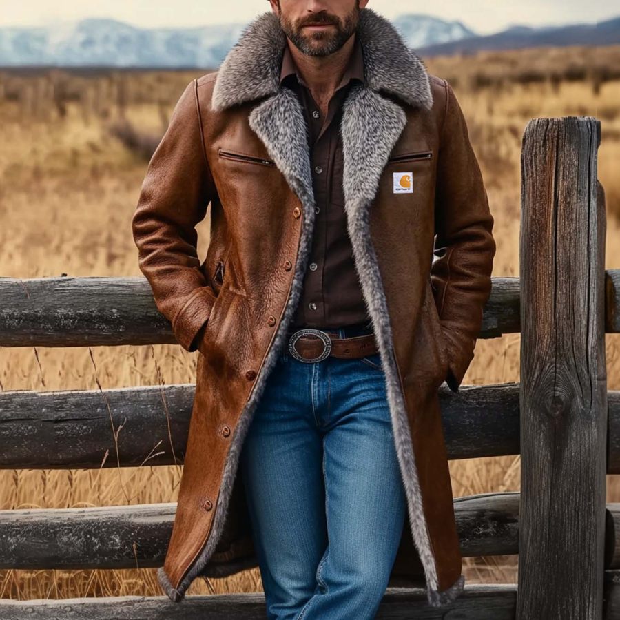 

Men's Carhartt Vintage Leather Zip Pocket Shearling Fleece Wool Fur Lapel Collar Long Coat Sherpa Lined Jacket