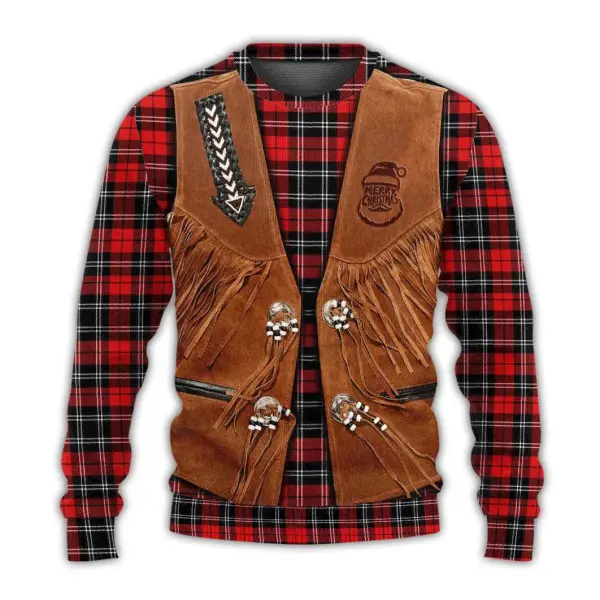 Men's Vintage Santa Cowboy Christmas Plaid Print Crew Neck Ugly Christmas Sweatshirt - Wayrates.com 