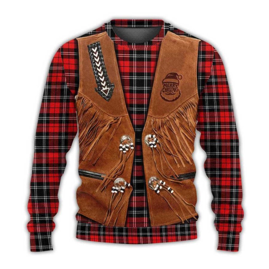 

Men's Vintage Santa Cowboy Christmas Plaid Print Crew Neck Ugly Christmas Sweatshirt