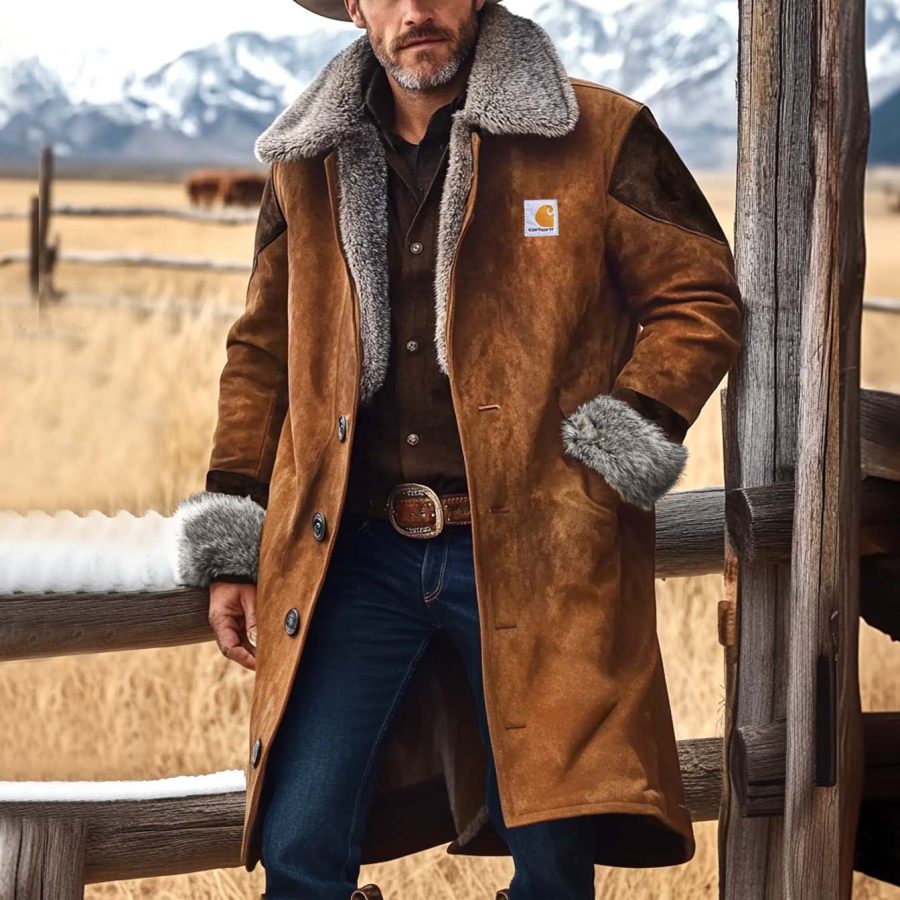 

Men's Carhartt Vintage Suede Shearling Fleece Wool Fur Lapel Collar Mid-Length Coat Sherpa Lined Jacket