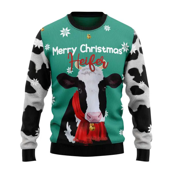 Men's Vintage Cow Merry Christmas Heifer Print Crew Neck Ugly Christmas Sweatshirt - Wayrates.com 