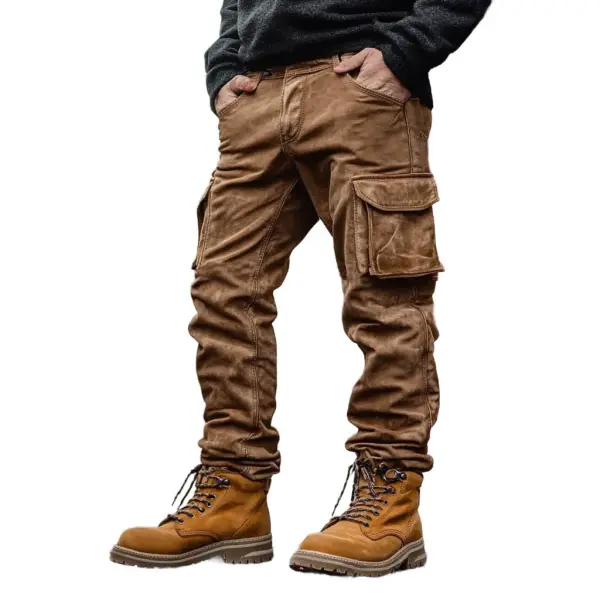 Men's Vintage Suede Outdoor Multi-pocket Cargo Pants Trousers - Rabclub.com 