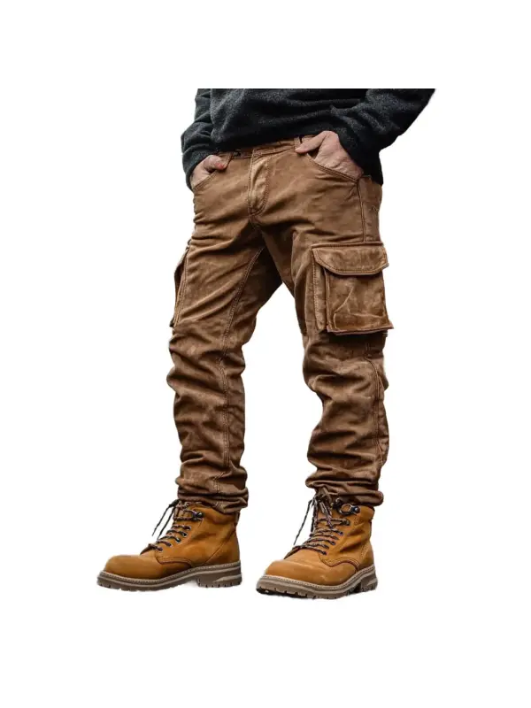 Men's Vintage Suede Outdoor Multi-pocket Cargo Pants Trousers - Ootdmw.com 