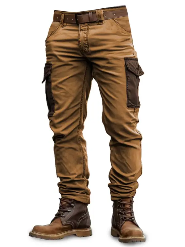 Men's Vintage Outdoor Multi-pocket Contrast Color Cargo Pants Trousers - Menbarn.com 