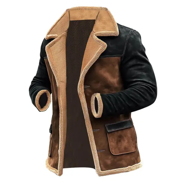Men's Vintage Suede Color Block Shearling Fleece Fur Reverse Collar Mid-Length Layer Coat Jacket - Cotosen.com