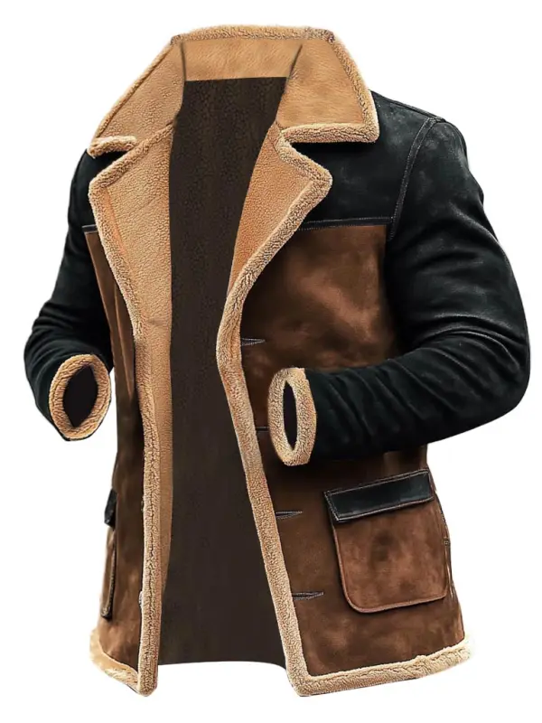 Men's Vintage Suede Color Block Shearling Fleece Fur Reverse Collar Mid-Length Layer Coat Jacket - Menbarn.com 