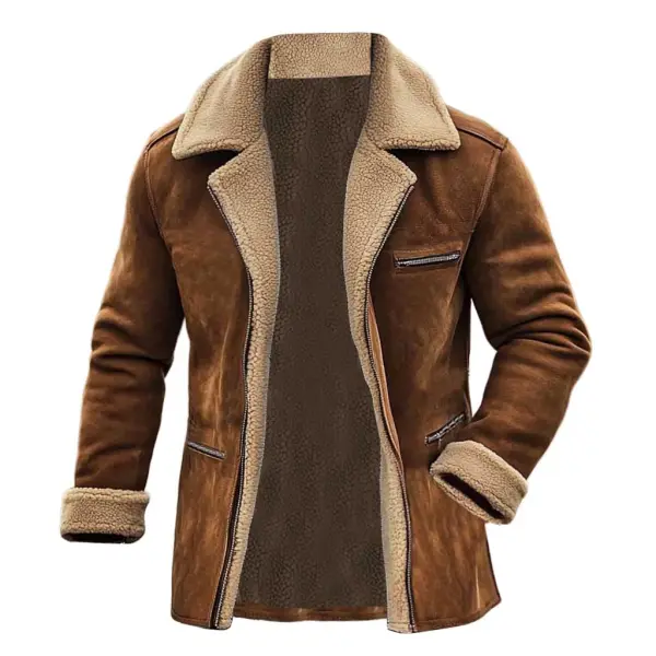 Men's Vintage Suede Shearling Zipper Pocket Fleece Wool Fur Reverse Collar Mid-Length Coat Jacket - Upgradecool.com 