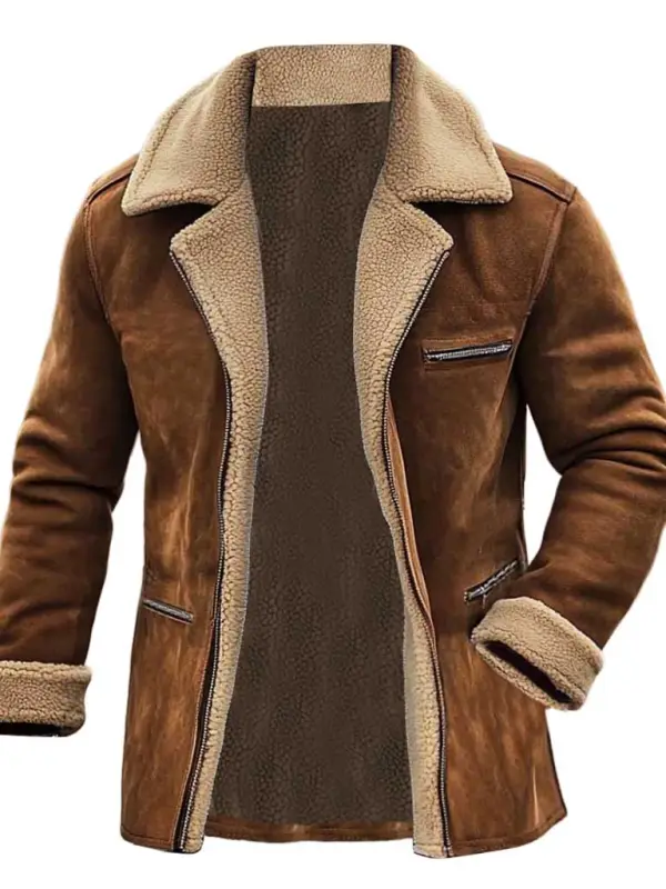 Men's Vintage Suede Shearling Zipper Pocket Fleece Wool Fur Reverse Collar Mid-Length Coat Jacket - Menbarn.com 
