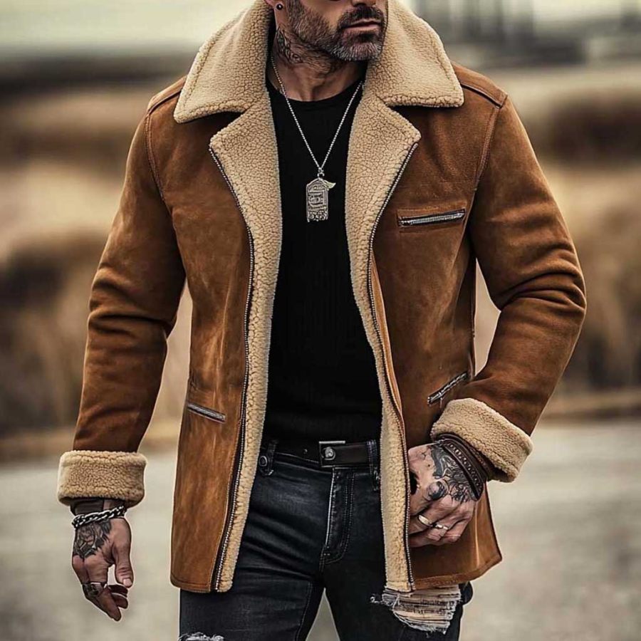 

Men's Vintage Suede Shearling Zipper Pocket Fleece Wool Fur Reverse Collar Mid-Length Coat Jacket