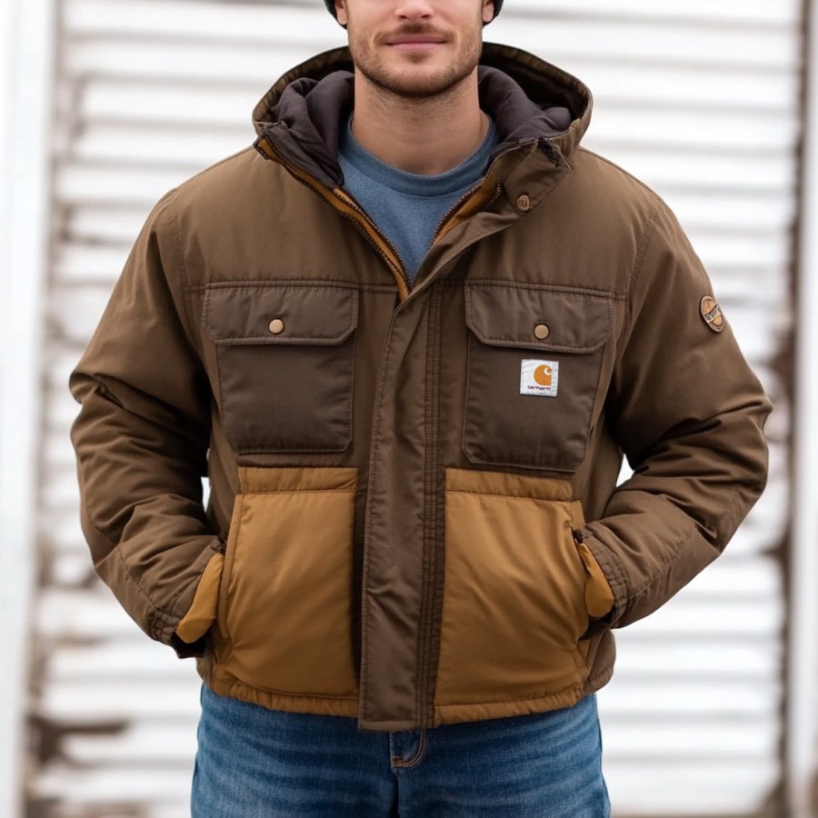 

Men's Vintage Quilted Down Montana Patchwork Loose Fit Insulated Hooded Jacket