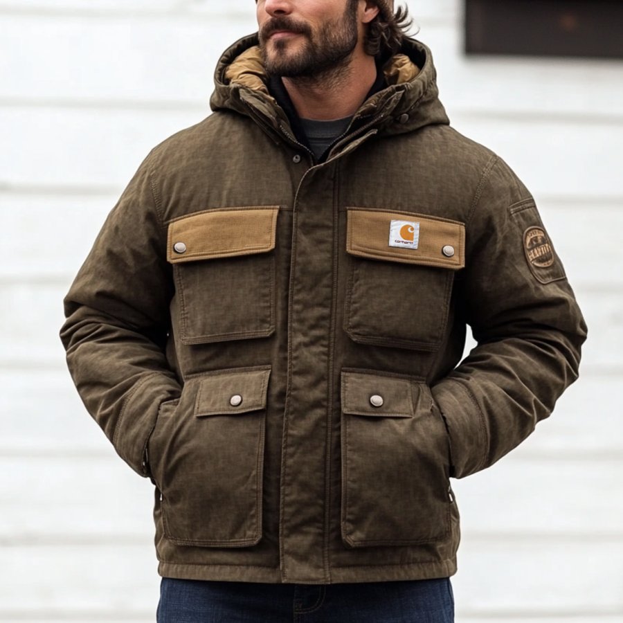 

Men's Vintage Quilted Down Montana Patchwork Loose Fit Insulated Hooded Jacket