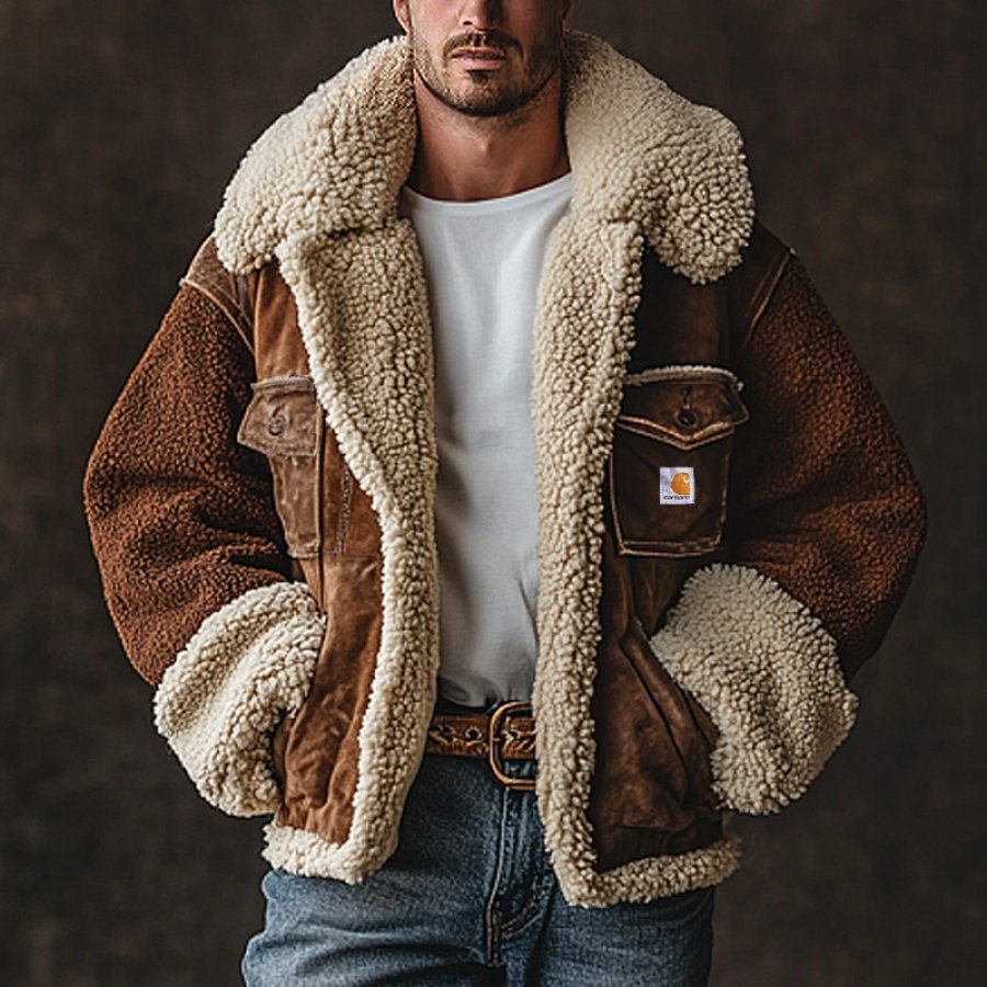 

Men's Vintage Outdoor Lamb Suede Patchwork Suede Jacket