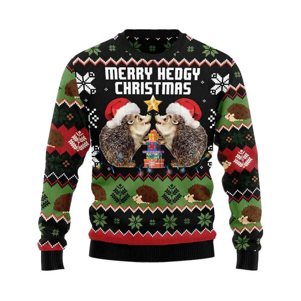 Unisex Vintage Hedgehog Print Crew Neck Ugly Christmas Sweatshirt - Mushope.com 