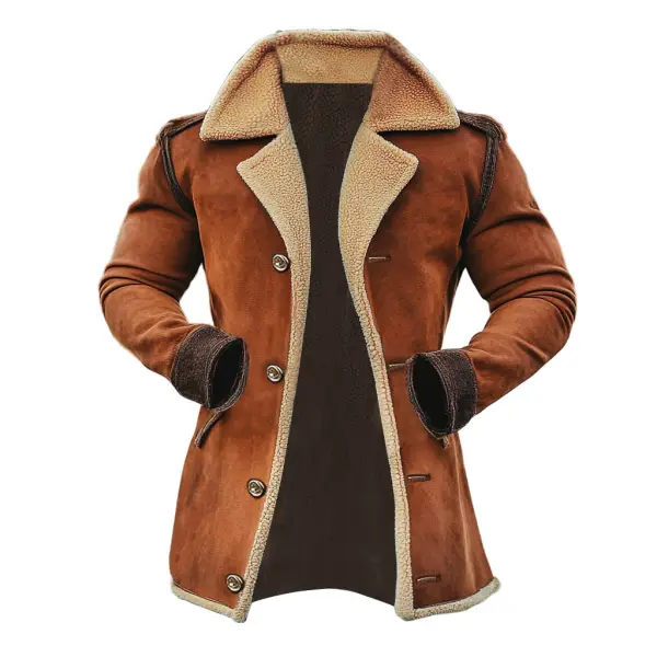 Men's Vintage Suede Shearling Fleece Wool Fur Lapel Collar Mid-Length Coat Sherpa Lined Jacket - Cotosen.com