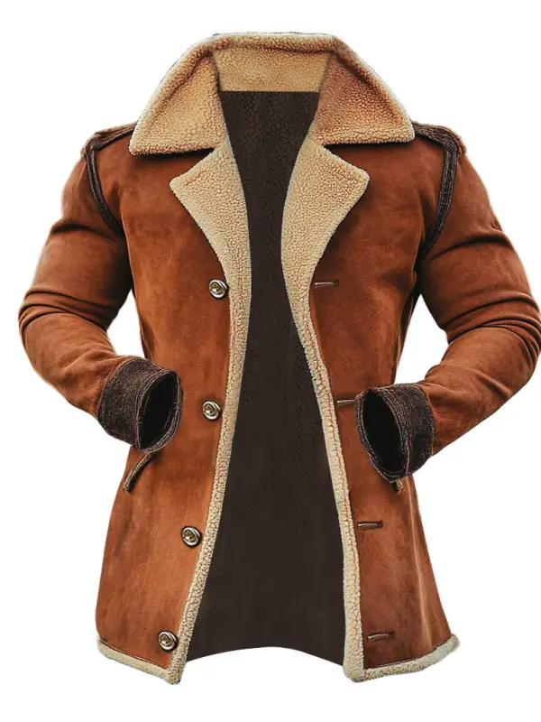 Men's Vintage Suede Shearling Fleece Wool Fur Lapel Collar Mid-Length Coat Sherpa Lined Jacket - Pragmaace.com 
