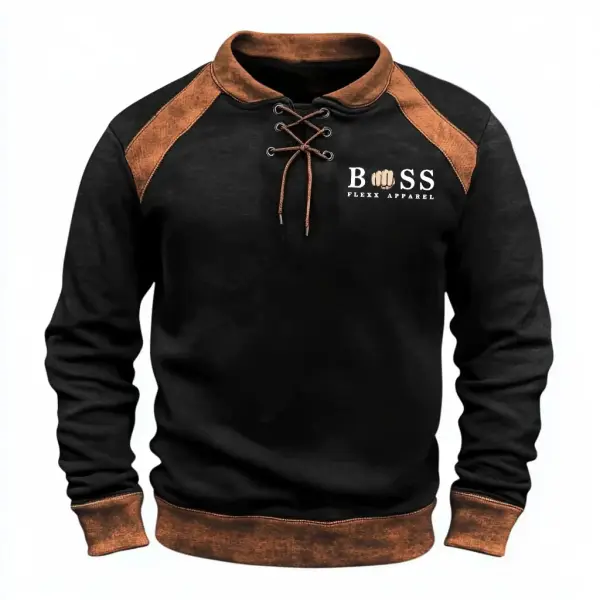 Men's Vintage Patchwork Suede Color Block Lace-up Long Sleeve Sweatshirt - Rabclub.com 