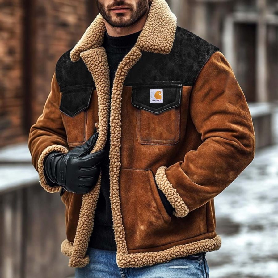 

Men's Carhartt Vintage Fleece Multi-Pocket Contrast Lapel Collar Outdoor Motorcycle Shearing Jacket