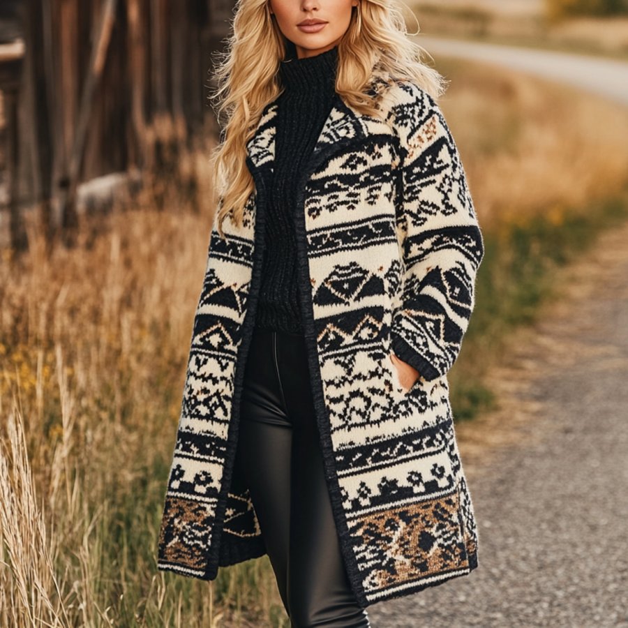 

Women's Vintage Western Aztec Print Patterns Long Sleeved Woolen Coat Jacket