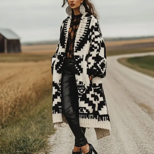 Women's Vintage Western Aztec Print Patterns Long Sleeved Woolen Coat Jacket - Dozenlive.com 