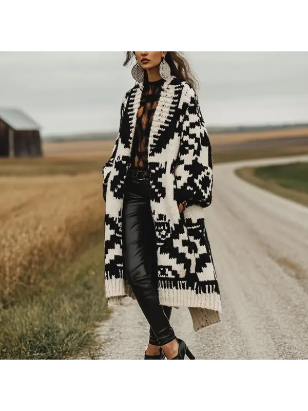 Women's Vintage Western Aztec Print Patterns Long Sleeved Woolen Coat Jacket - Ootdmw.com 