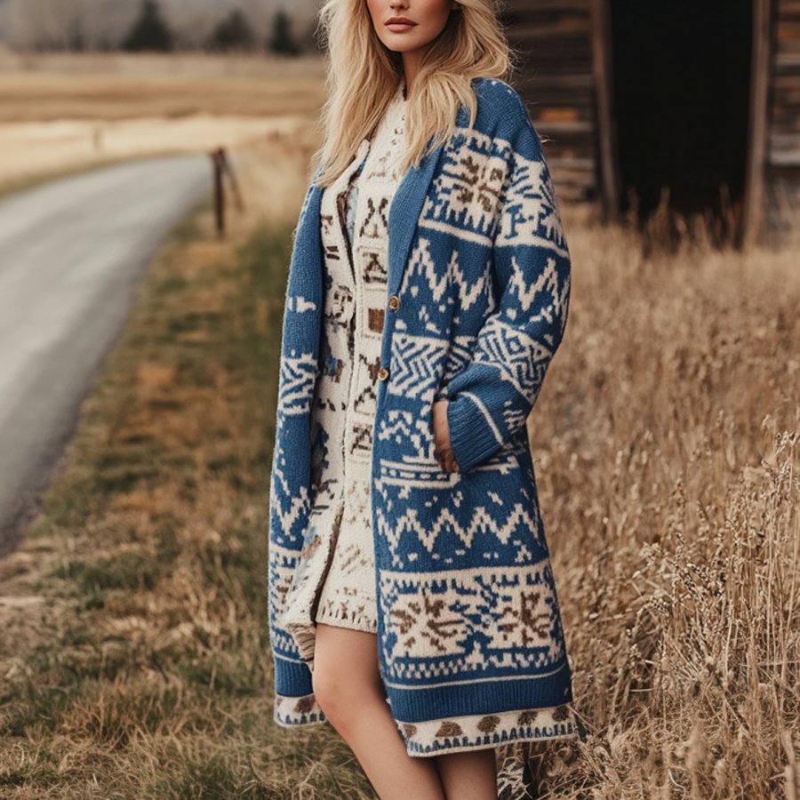 

Women's Vintage Western Aztec Print Patterns Blue Long Sleeved Woolen Coat Jacket