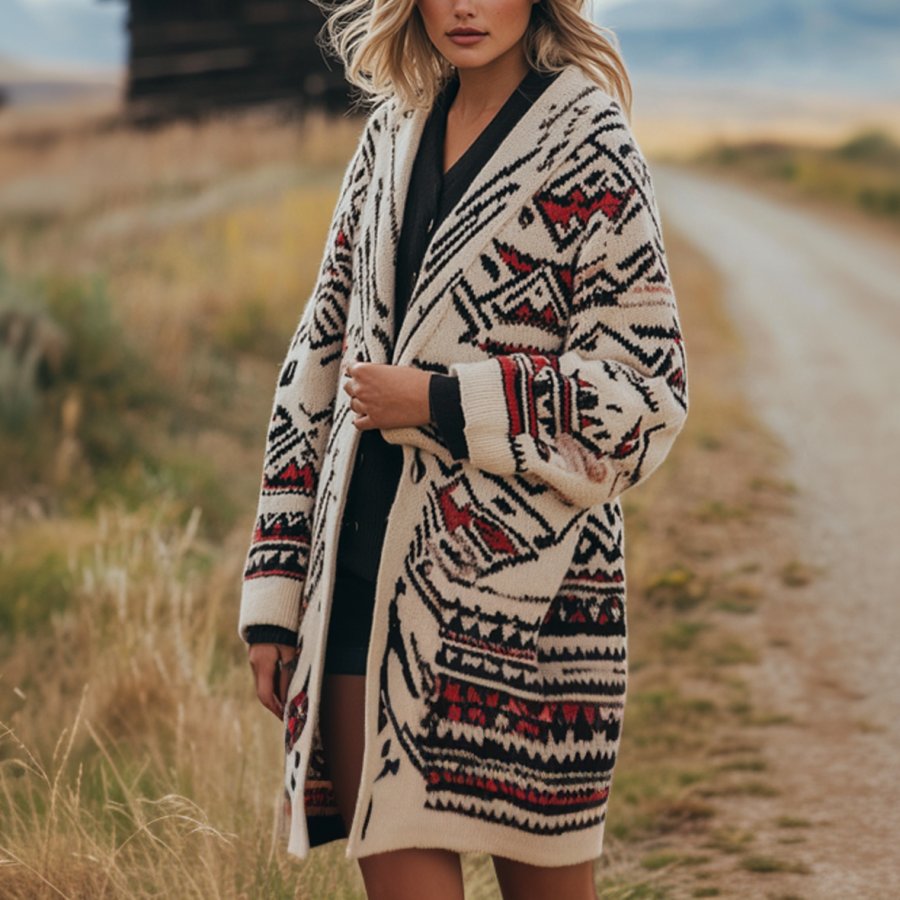 

Women's Vintage Western Aztec Print Patterns Cream Color Long Sleeved Woolen Coat Jacket