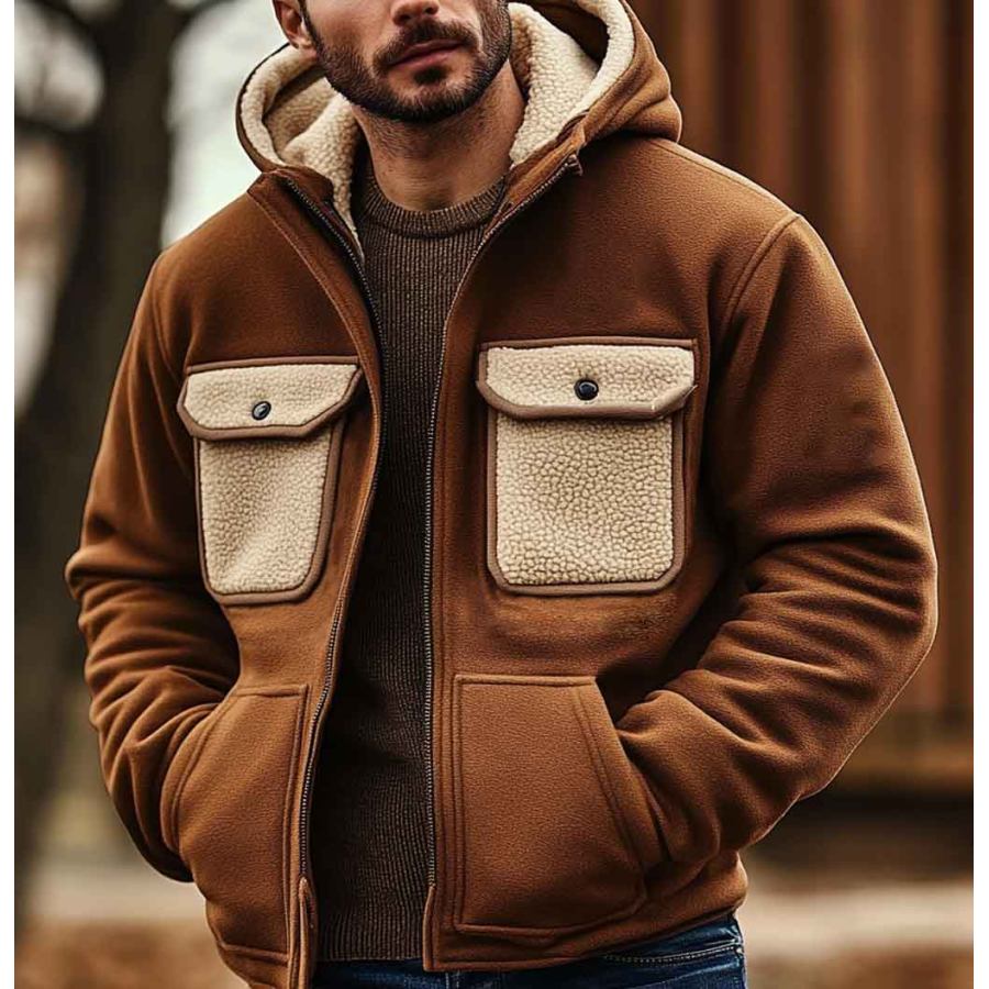 

Men's Vintage Fleece Multi-Pocket Color Block Outdoor Warm Hooded Jacket
