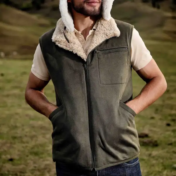Men's Vintage Suede Fleece Stand Collar Shearing Vest - Wayrates.com 