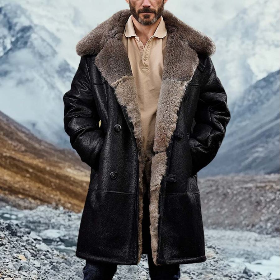 

Men's Vintage Leather Fleece Reverse Collar Long Shearing Jacket Long Coat