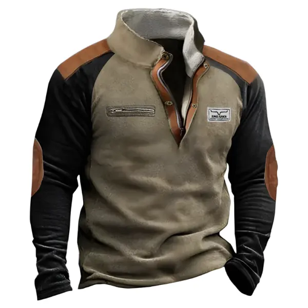 Men's Yellowstone Outdoor Henley Collar Suede Spliced Zipper Sweatshirts - Cotosen.com 