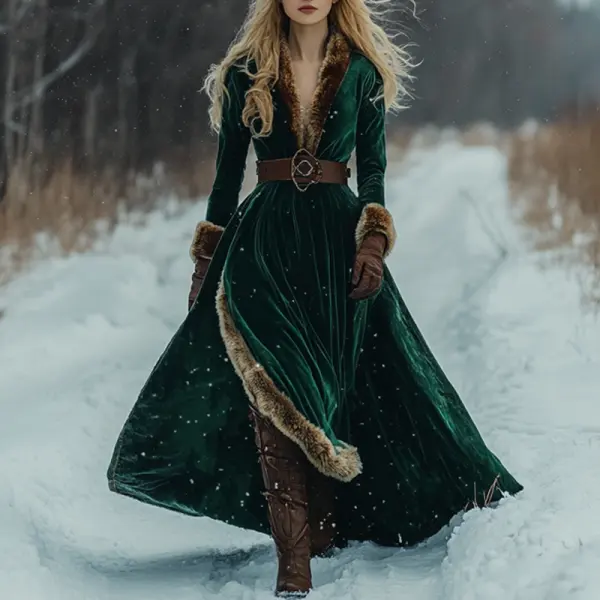Women's Autumn And Winter Fox Fur Splicing Velvet Long Skirt Elegant Long Sleeve Dress - Dozenlive.com 