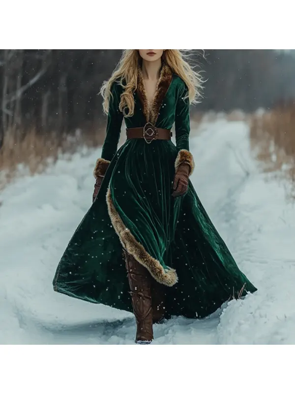 Women's Autumn And Winter Fox Fur Splicing Velvet Long Skirt Elegant Long Sleeve Dress - Cominbuy.com 