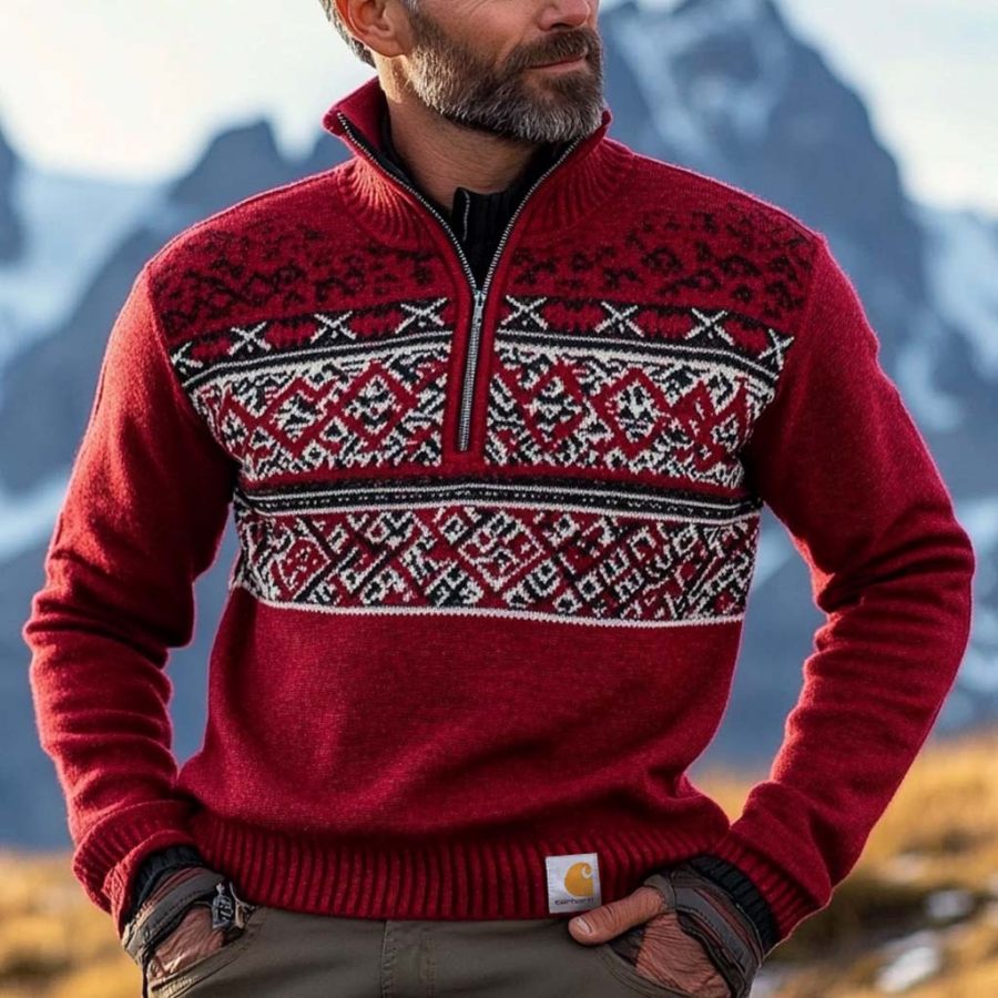 

Men's Vintage Geometric Pattern Ethnic Knitted Quarter Zipper Stand Collar Sweater