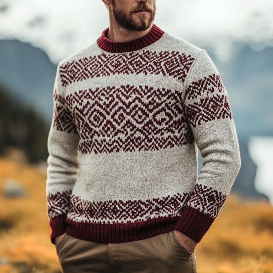 

Men's Vintage Knitted Geometric Pattern Crew Neck Long Sleeve Sweater
