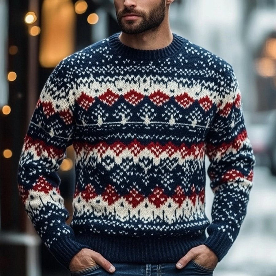

Men's Vintage Knitted Christmas Geometric Pattern Round Neck Long Sleeve Sweater