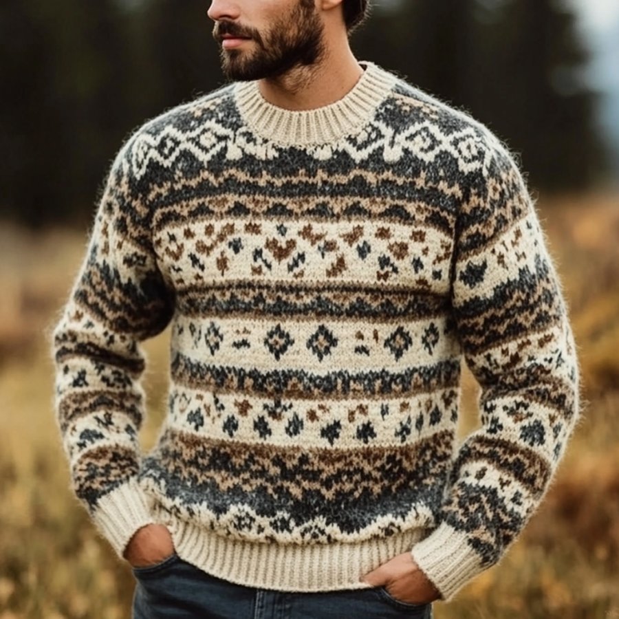 

Men's Vintage Knitted Geometric Pattern Round Neck Long Sleeve Sweater